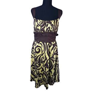 Dressbarn Vtg Womens Green Dress Sz 14 Y2K 2000s Ruched Cotton Abstract Flared